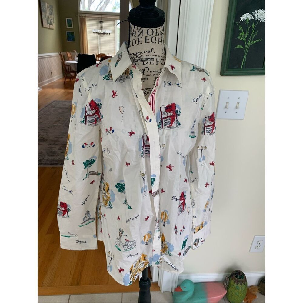 Talbots No-Iron Button Up French Prints Shirt